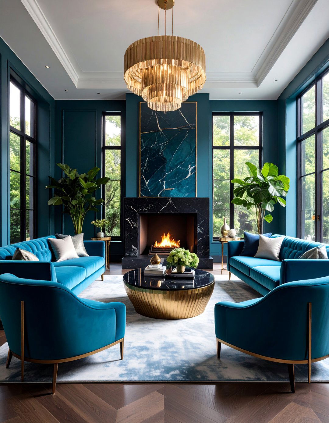Art Deco Geometric Fireplace with Tall Narrow Windows - 25 Fireplace Between Windows Ideas