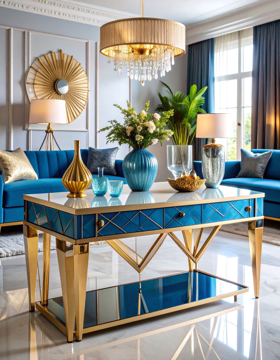 Art Deco Glamour Console with Geometric Luxury - 25 Sofa Table Decor Ideas