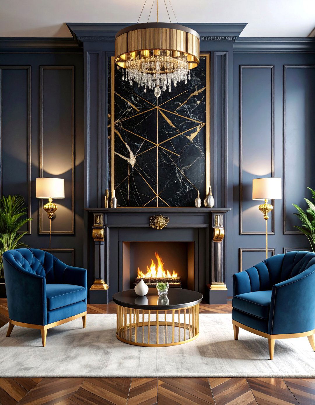 Art Deco Glamour Fireplace with Marble and Metallic Accents - 25 Faux Fireplace Ideas