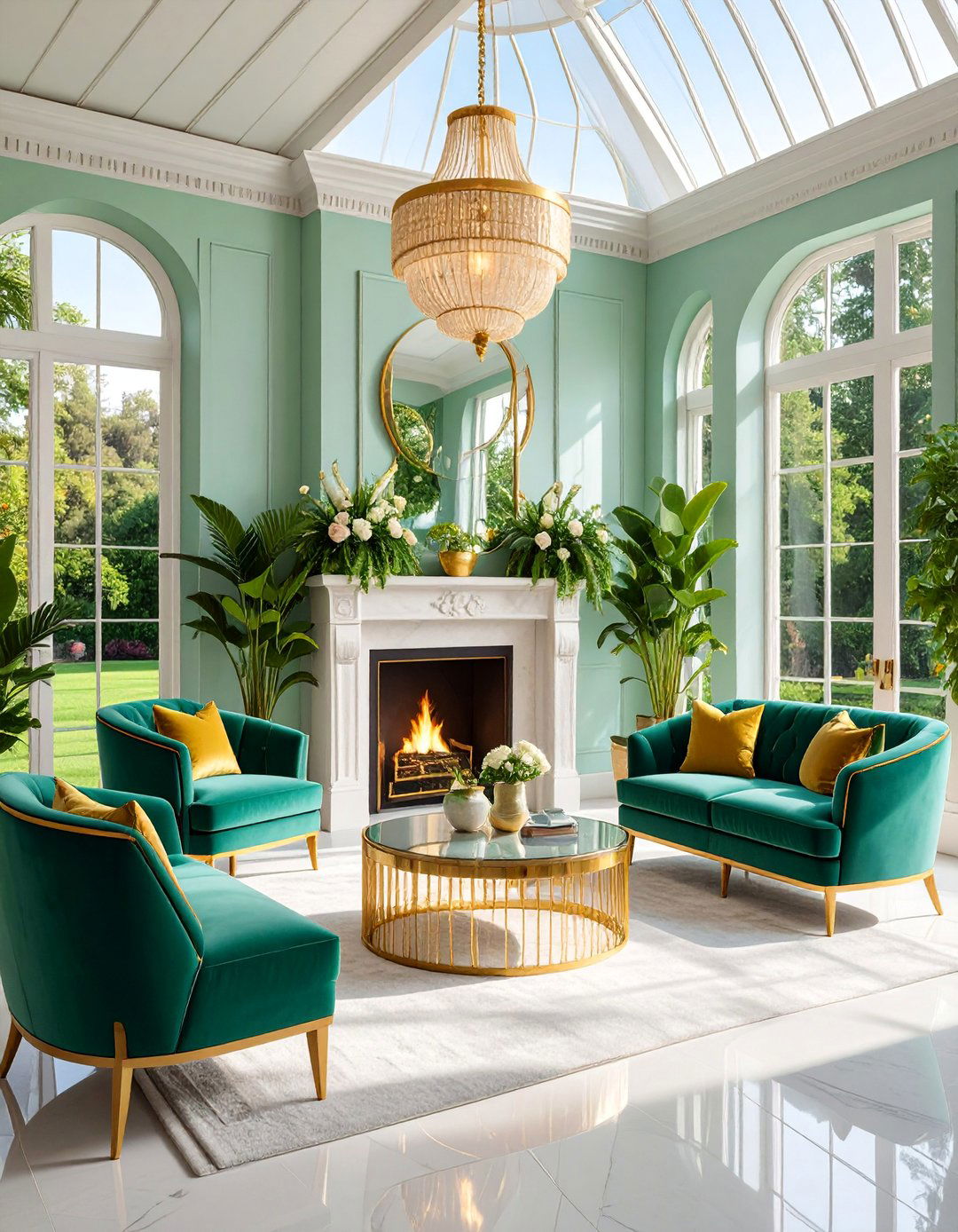 Art Deco Glamour Fireplace with Metallic Accents - 25 Sunroom With Fireplace Ideas