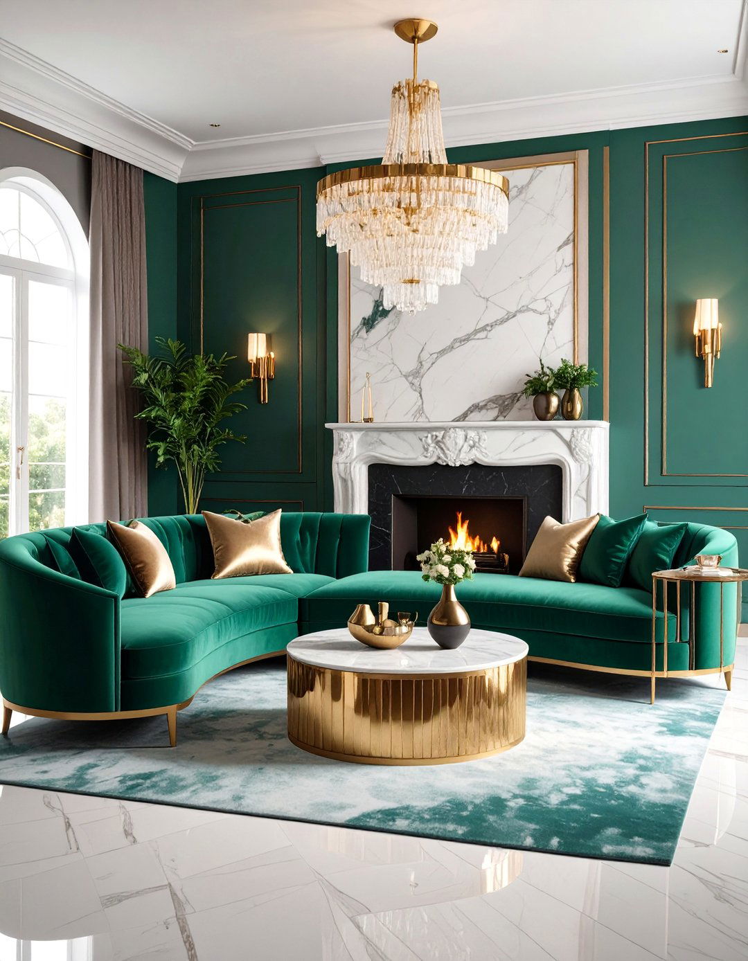 Art Deco Glamour Sectional with Marble Fireplace - 25 Living Room Ideas With Sectionals and Fireplace