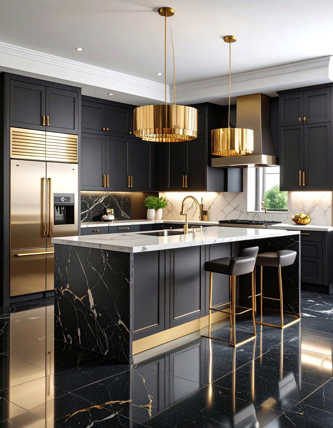 Art Deco Glamour with Black Granite Floors - 25 Black Floor Kitchen Ideas
