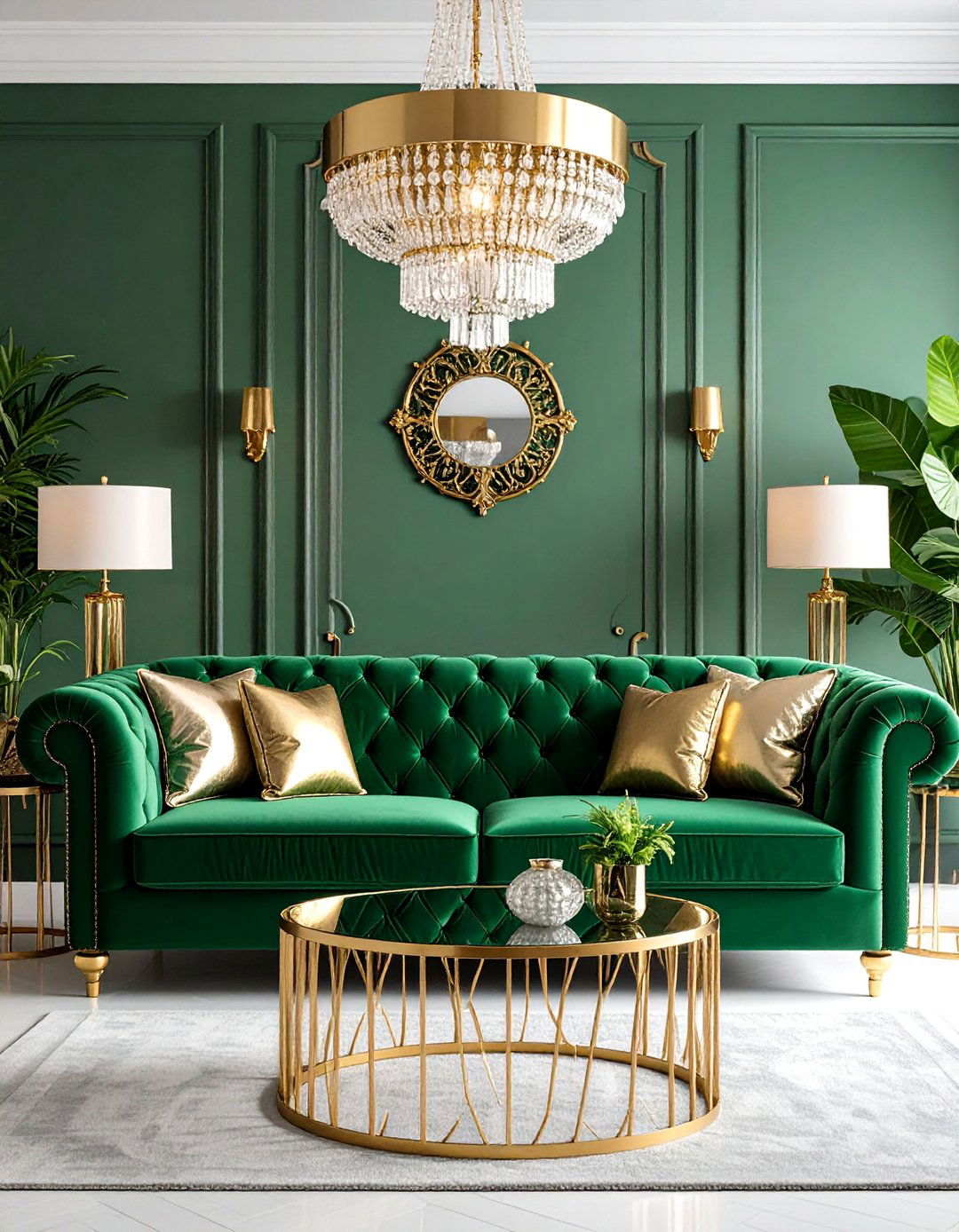 Art Deco Glamour with Gold Accents - 25 Emerald Green Sofa Living Room Ideas