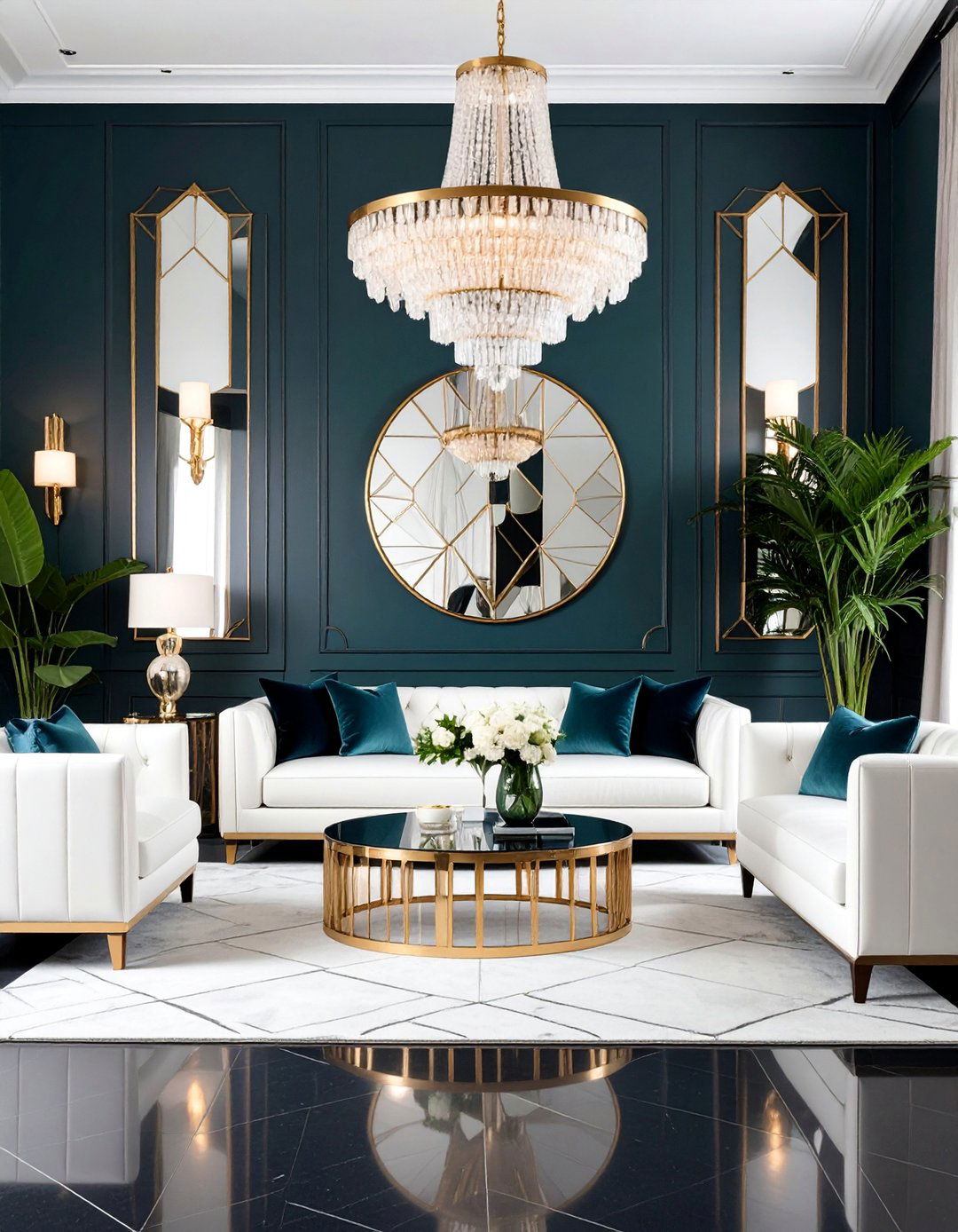 Art Deco Grey and White Living Room with Glamorous Metallic Accents - 25 Grey and White Living Room Ideas