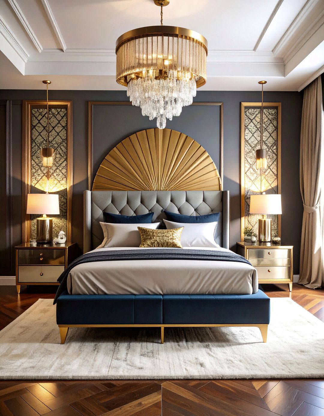 Art Deco Inspired Bedroom with Geometric Patterns and Metallic Accents - 25 Large Bedroom Design Ideas