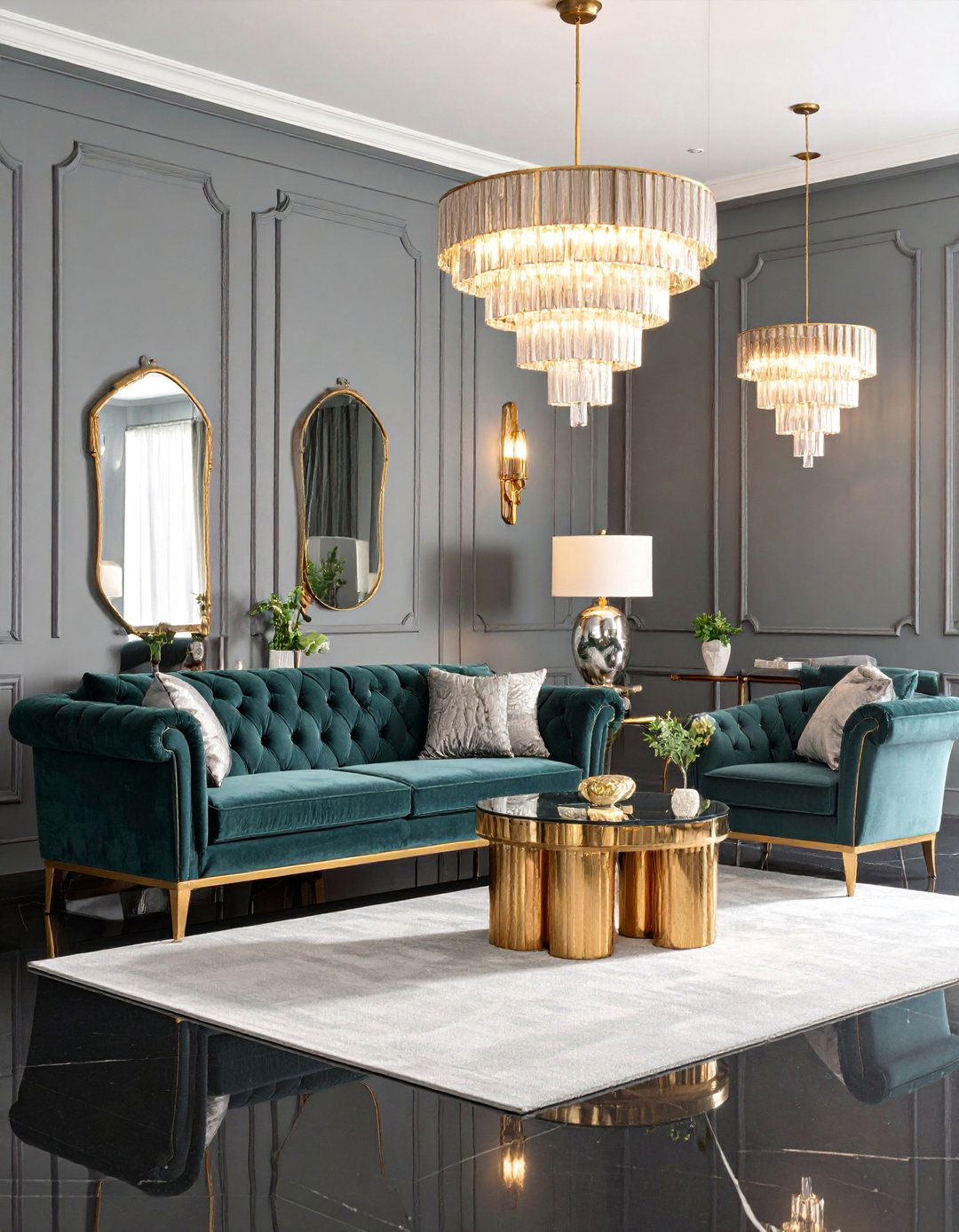Art Deco Inspired Grey Living Room with Geometric Patterns - 25 Grey Living Room With Dark Wood Floors