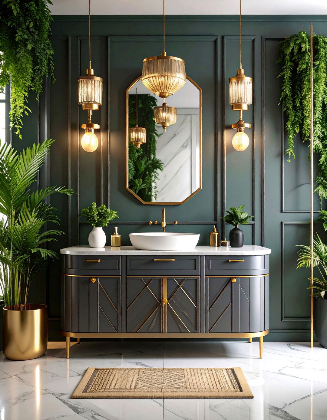 Art Deco Inspired Gunmetal Grey Vanity with Gold Details - 25 Grey Bathroom Vanity Design Ideas