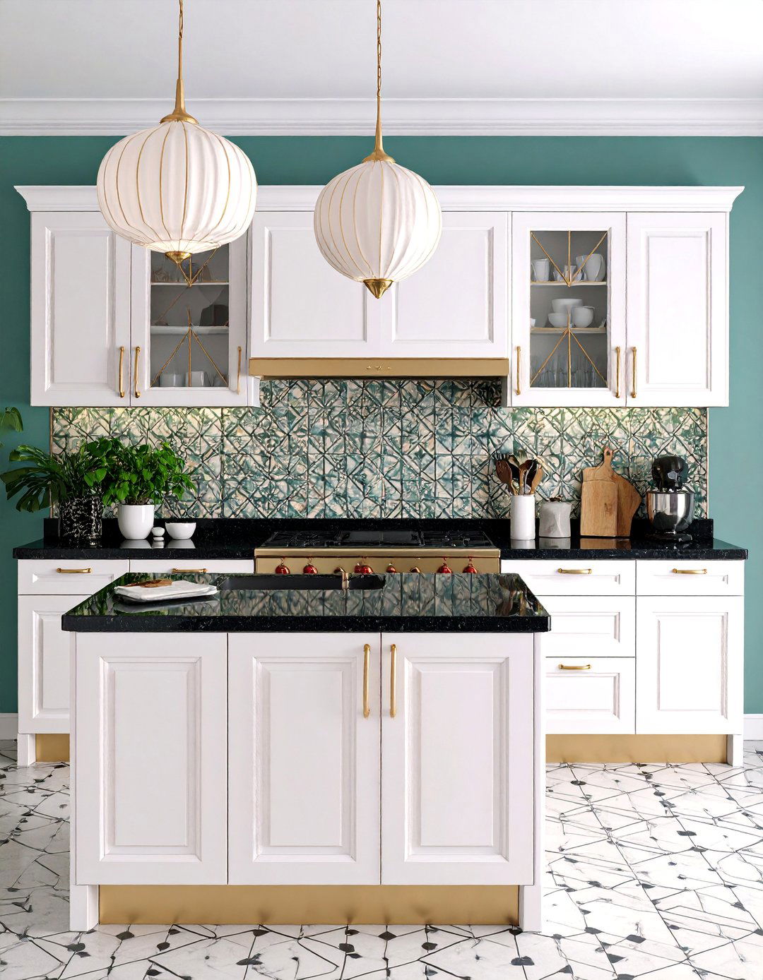 Art Deco Inspired Kitchen with Black and White Geometric Patterns - 25 white kitchen with black countertops ideas