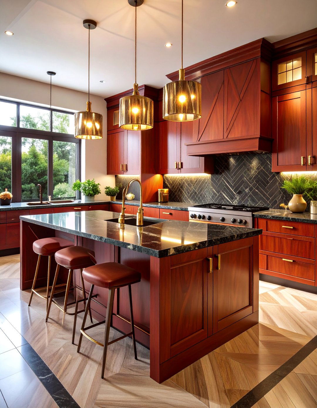 Art Deco Inspired Kitchen with Rich Mahogany Cabinets - 25 kitchen with brown cabinets and black countertops ideas