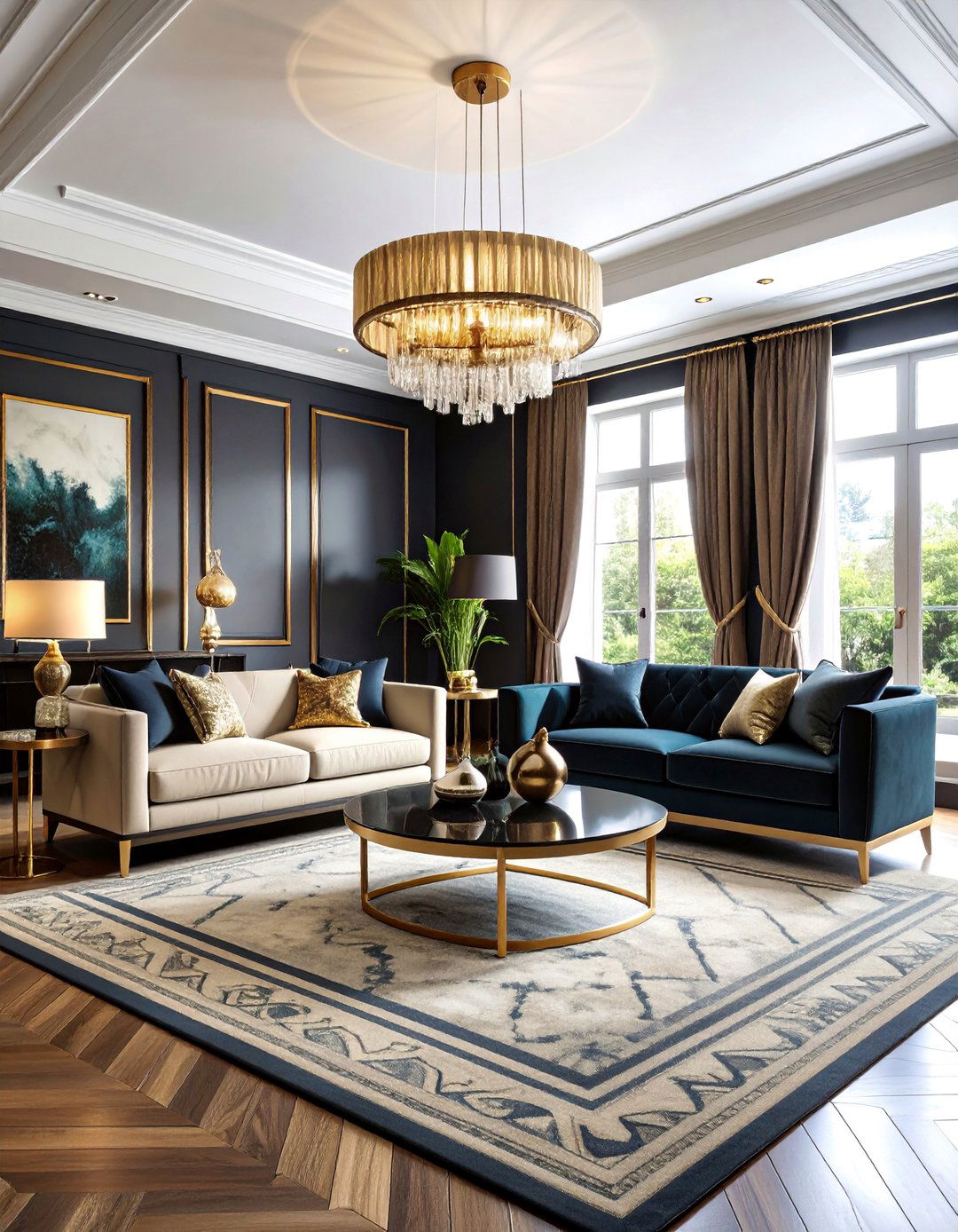 Art Deco Inspired Living Room with Black Geometric Trim - 25 Black Trim Interiors