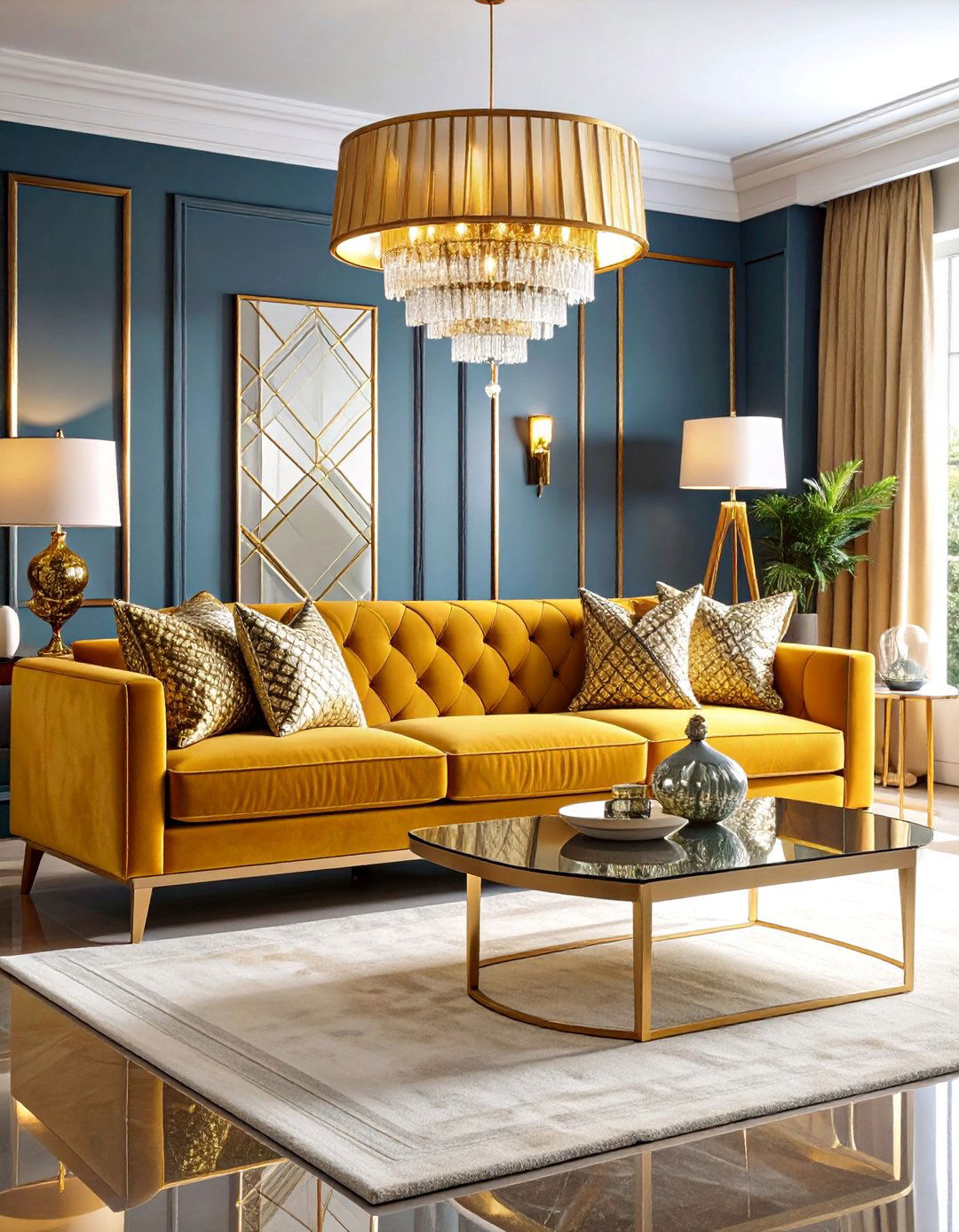 Art Deco Inspired Mustard Sofa with Geometric Gold Accents - 25 Yellow Couch Living Room Ideas