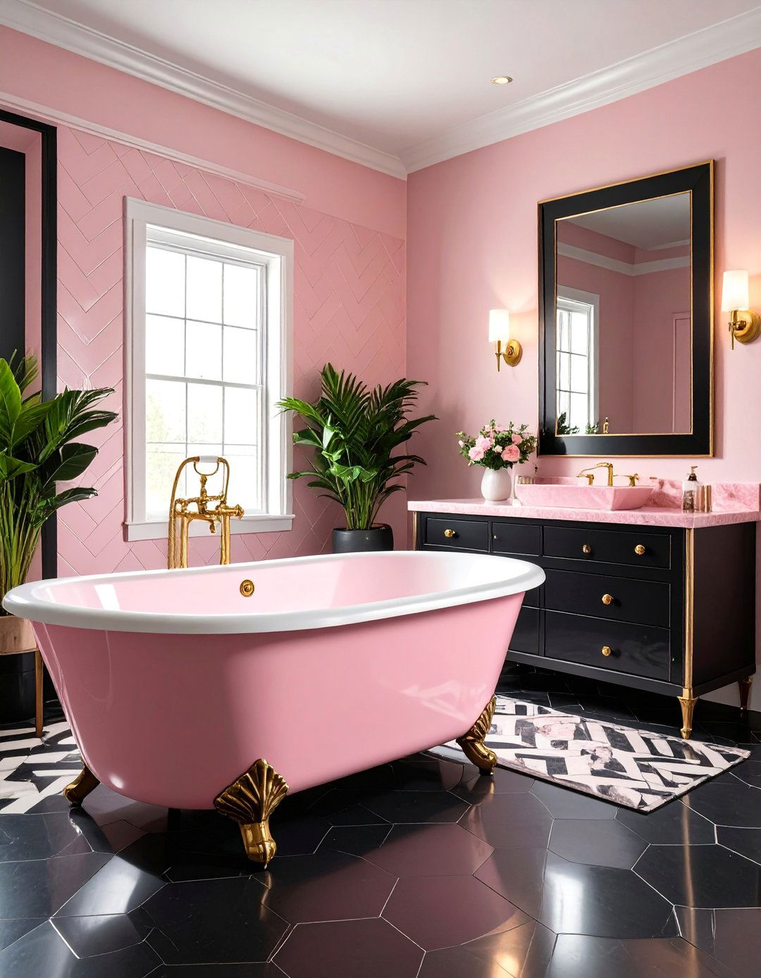 Art Deco Inspired Pink and Black Master Bathroom - 25 Pink and Black Bathroom Ideas