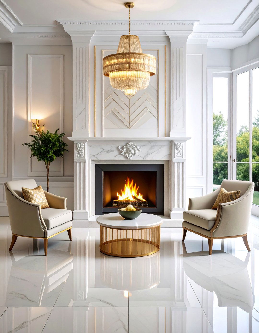 Art Deco Inspired Three Sided Fireplace with Geometric Patterns - 25 3 Sided Fireplace Ideas