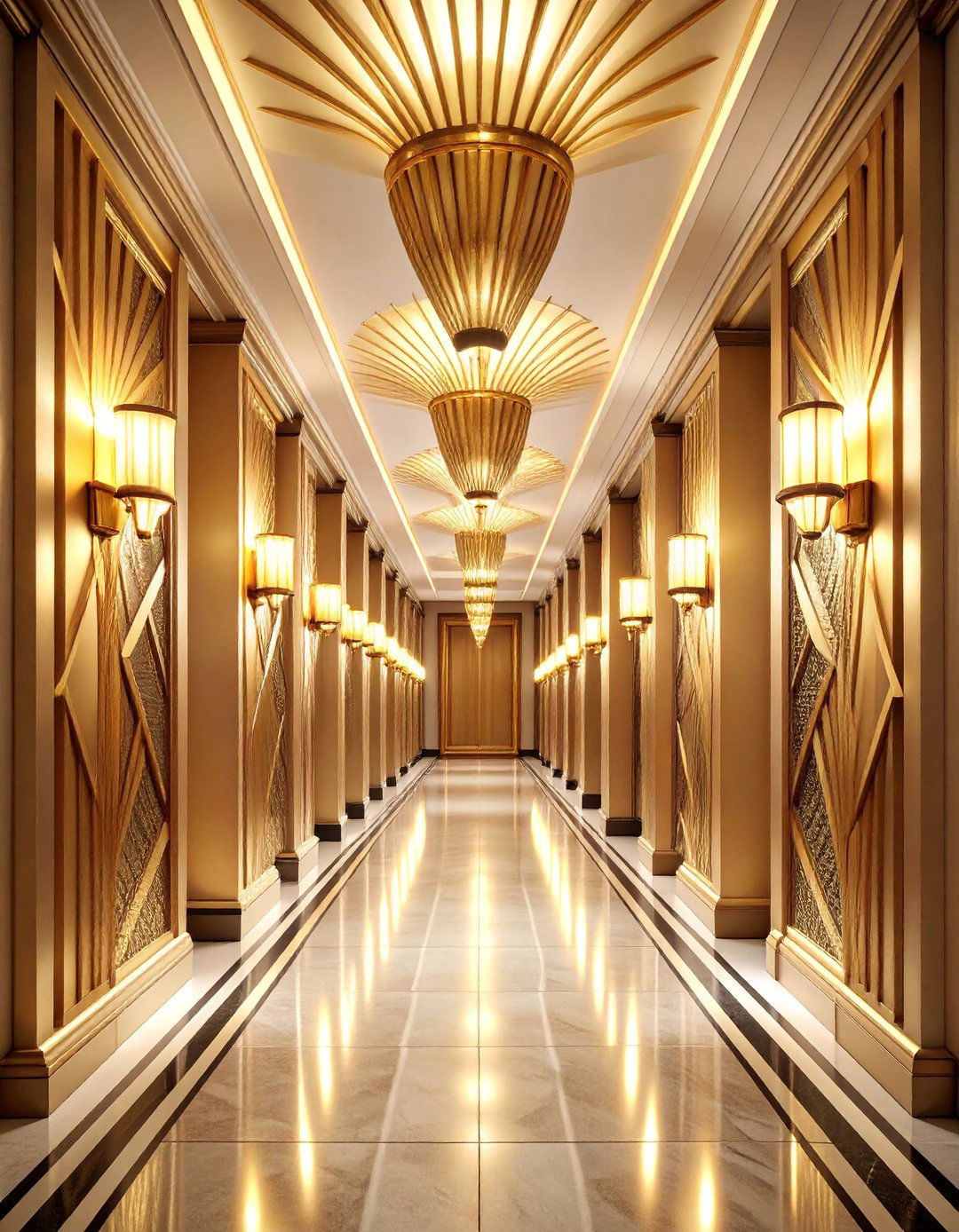 Art Deco Inspired Wall Sconce Display with Gold Finishes - 25 Narrow Hallway Lighting Ideas
