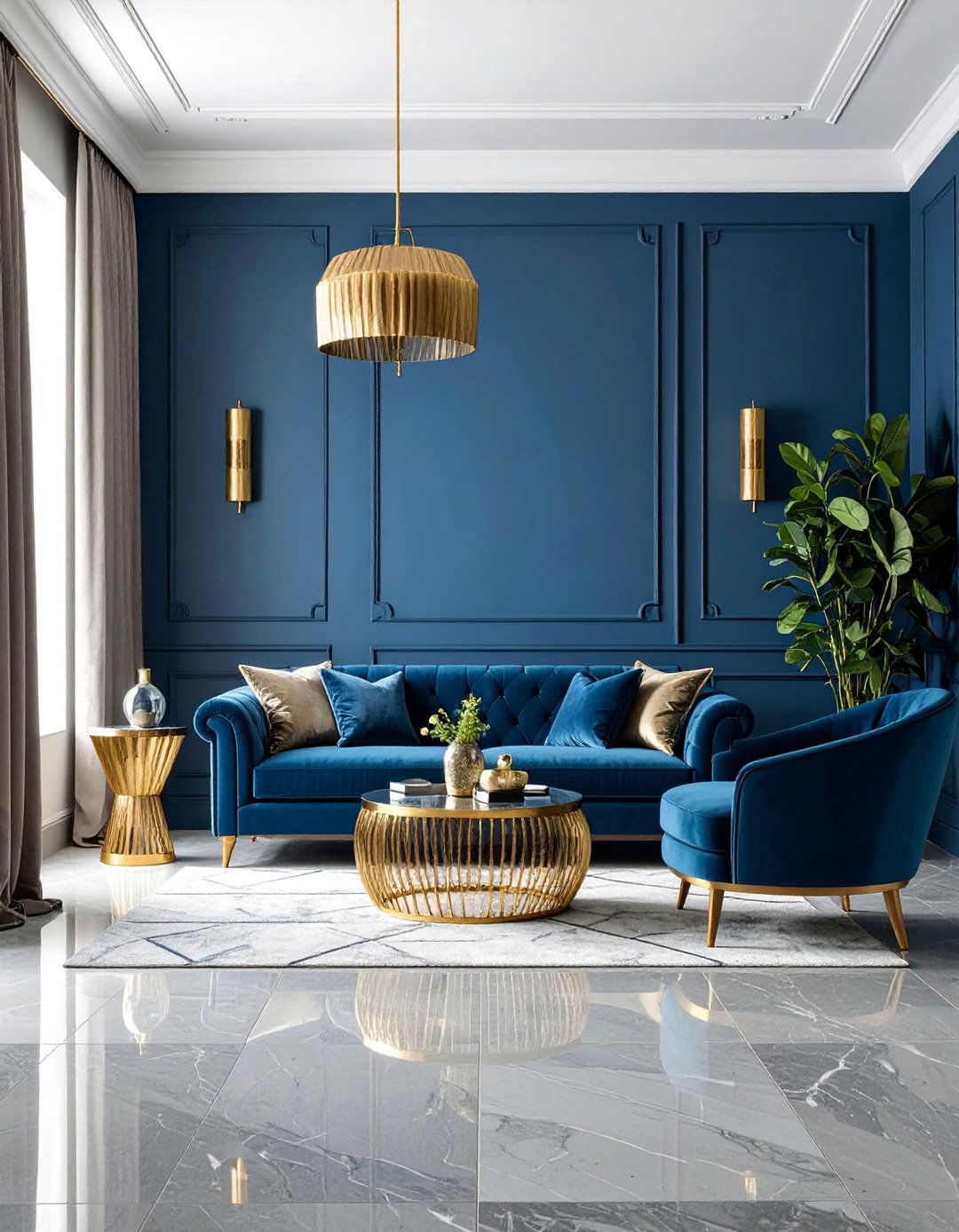 Art Deco Inspired with Sapphire Blue Walls and Grey Marble Floors - 25 grey floor living room with blue walls ideas