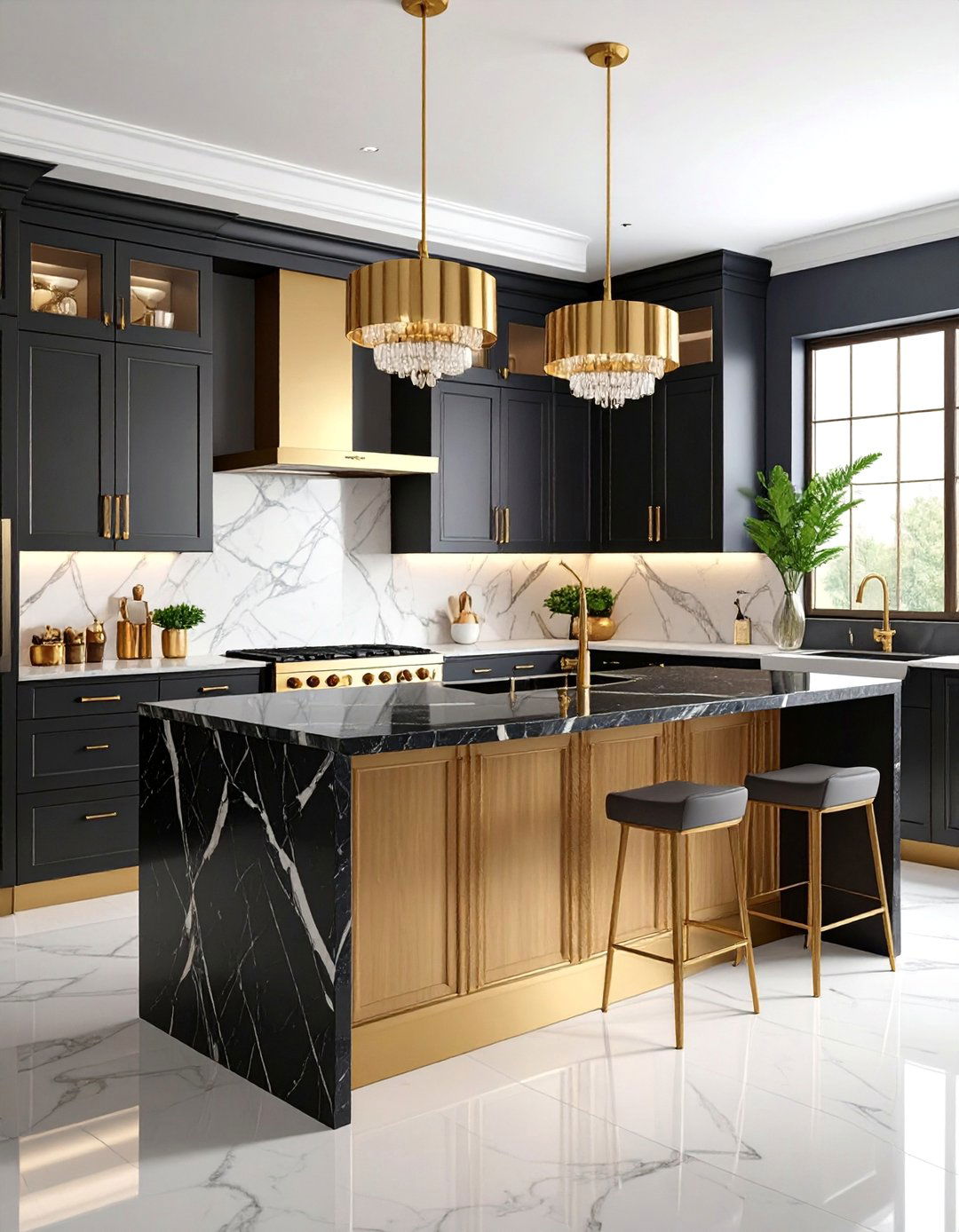 Art Deco Kitchen with Black Marble and Champagne Cabinets - 25 kitchen with dark countertops and light cabinets