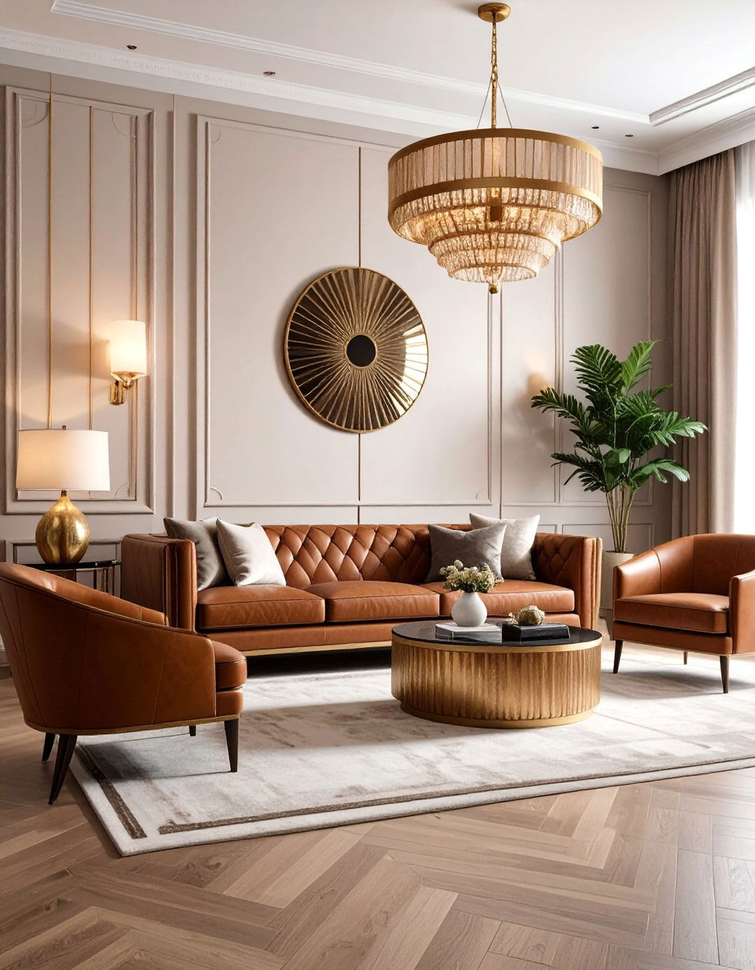 Art Deco Living Room with Geometric Luxury Elements - 25 Brown Leather Couch Living Room Ideas
