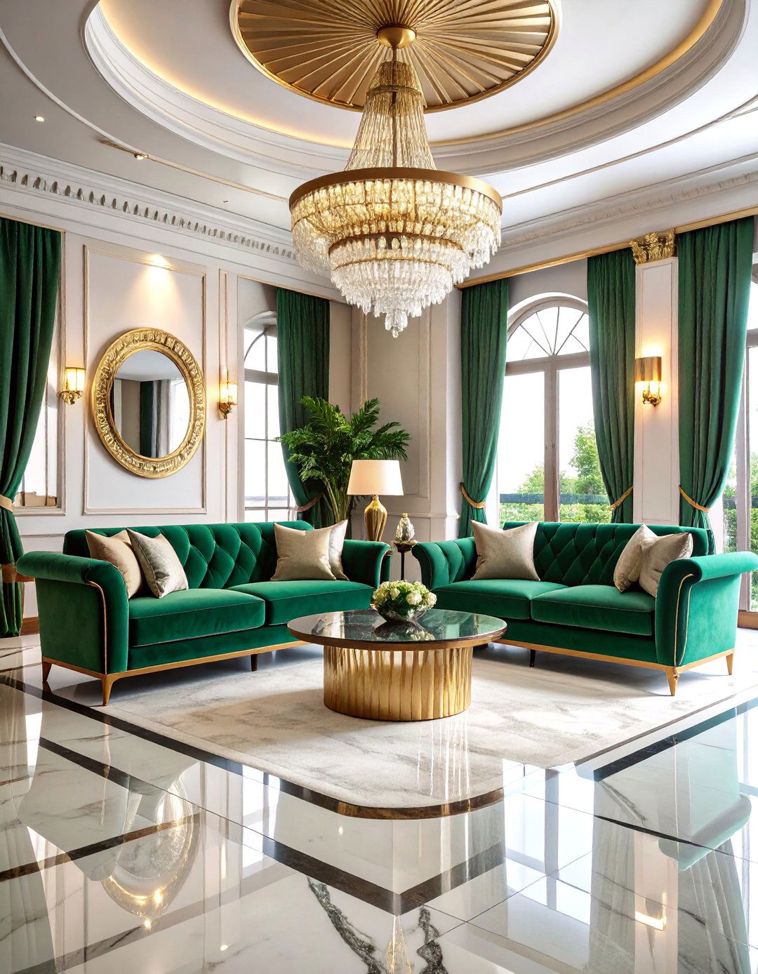 Art Deco Marble Floor Living Room with Brass Inlay Borders - 25 Marble Floor Living Room Ideas