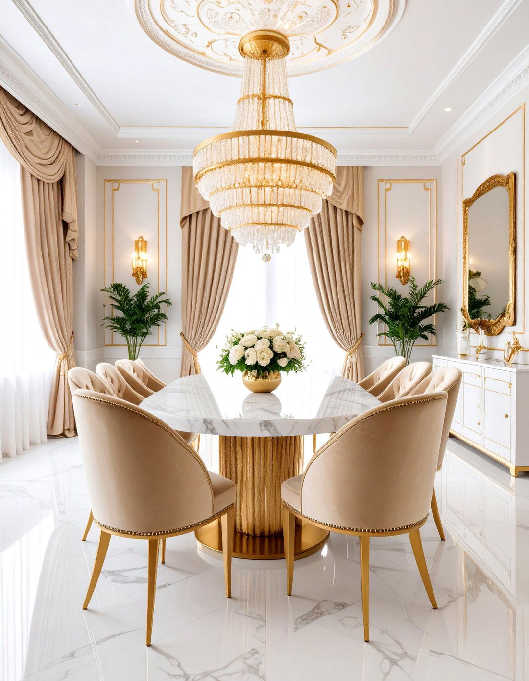Art Deco Neutral Dining Room with Metallic Highlights - 25 Neutral Dining Room Ideas
