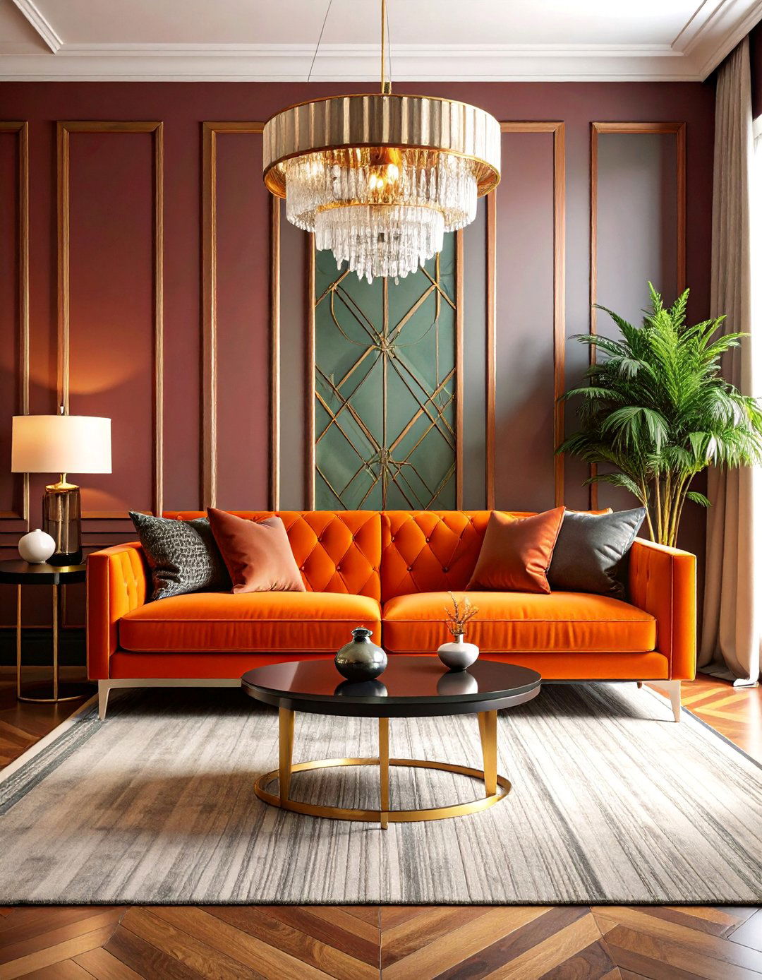 Art Deco Orange Couch Living Room with Glamorous Details - 25 Orange Couch Living Room Ideas