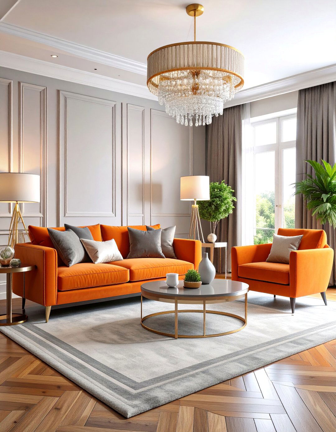 Art Deco Orange and Pewter Grey Glamorous Living Room - 25 Orange and Grey Living Room Ideas