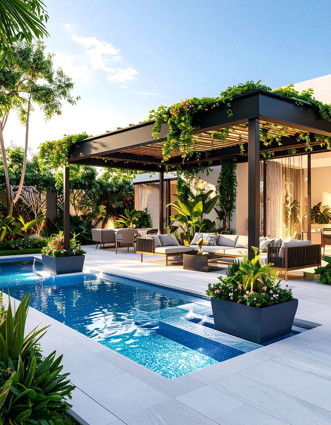 Art Deco Pergola with Geometric Metal Framework - 25 Patio Pergola Ideas