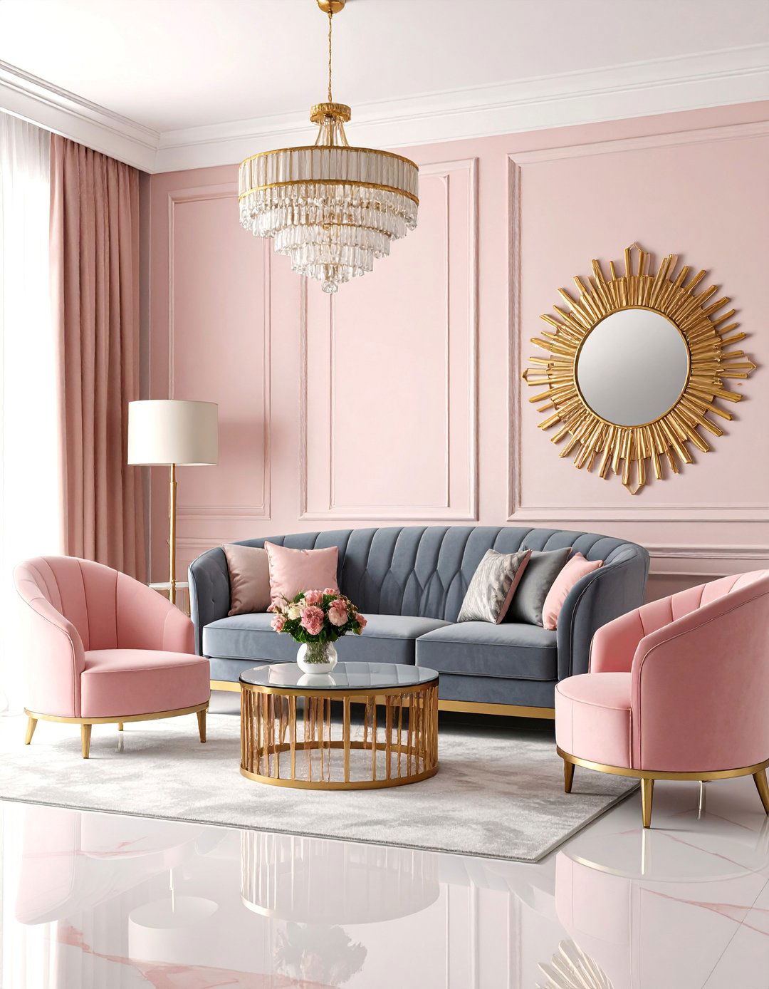 Art Deco Pink and Grey Living Room with Geometric Patterns - 25 Pink and Grey Living Room Ideas