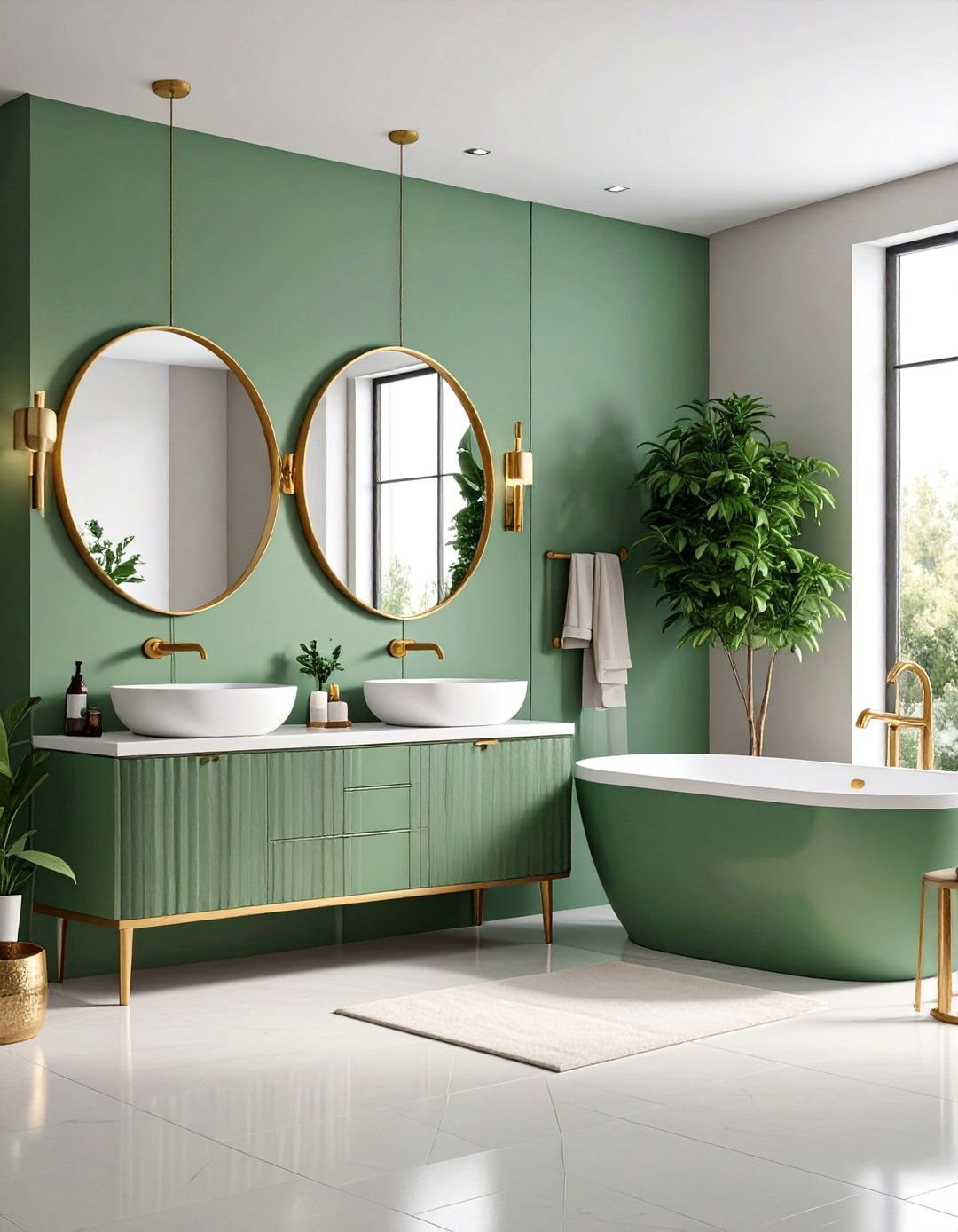 Art Deco Sage Green Bathroom with Cream Geometric Tiles - 25 Sage Green and Cream Bathroom Ideas