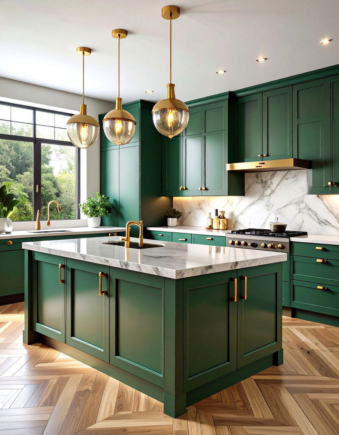 Art Deco Sage Green Kitchen with Geometric Butcher Block Pattern - 25 Sage Green Kitchen Cabinets With Butcher Block Countertops