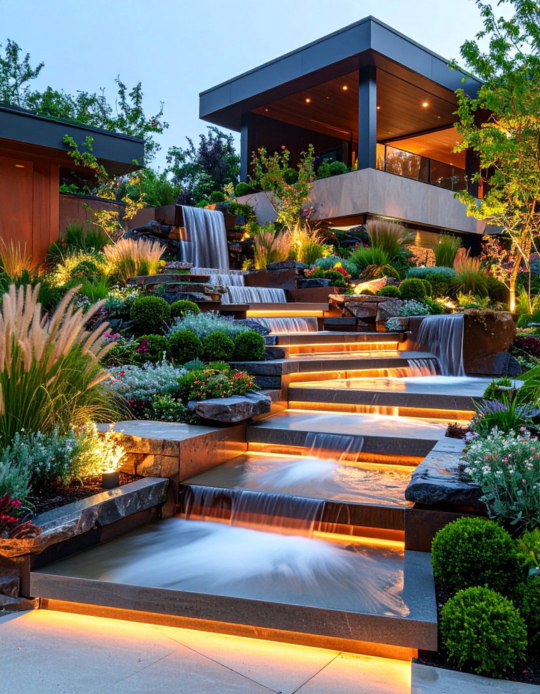 Art Deco Stepped Cascade - 25 Backyard Waterfall Ideas