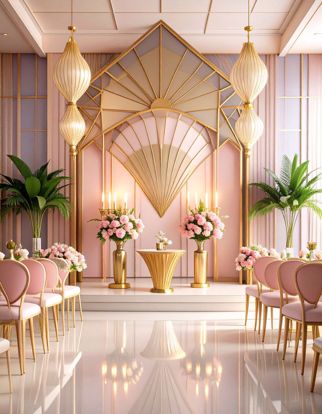 Art Deco Wedding Altar with Geometric Patterns and Gold Details - 25 Wedding Altar Ideas