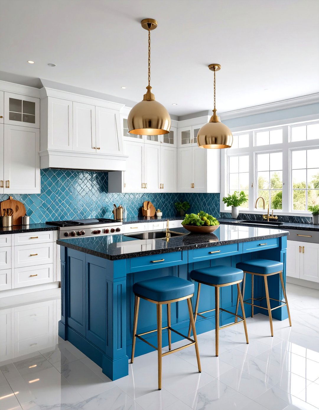 Art Deco White Cabinets with Electric Blue Island - 25 White Kitchen Cabinets With Blue Island