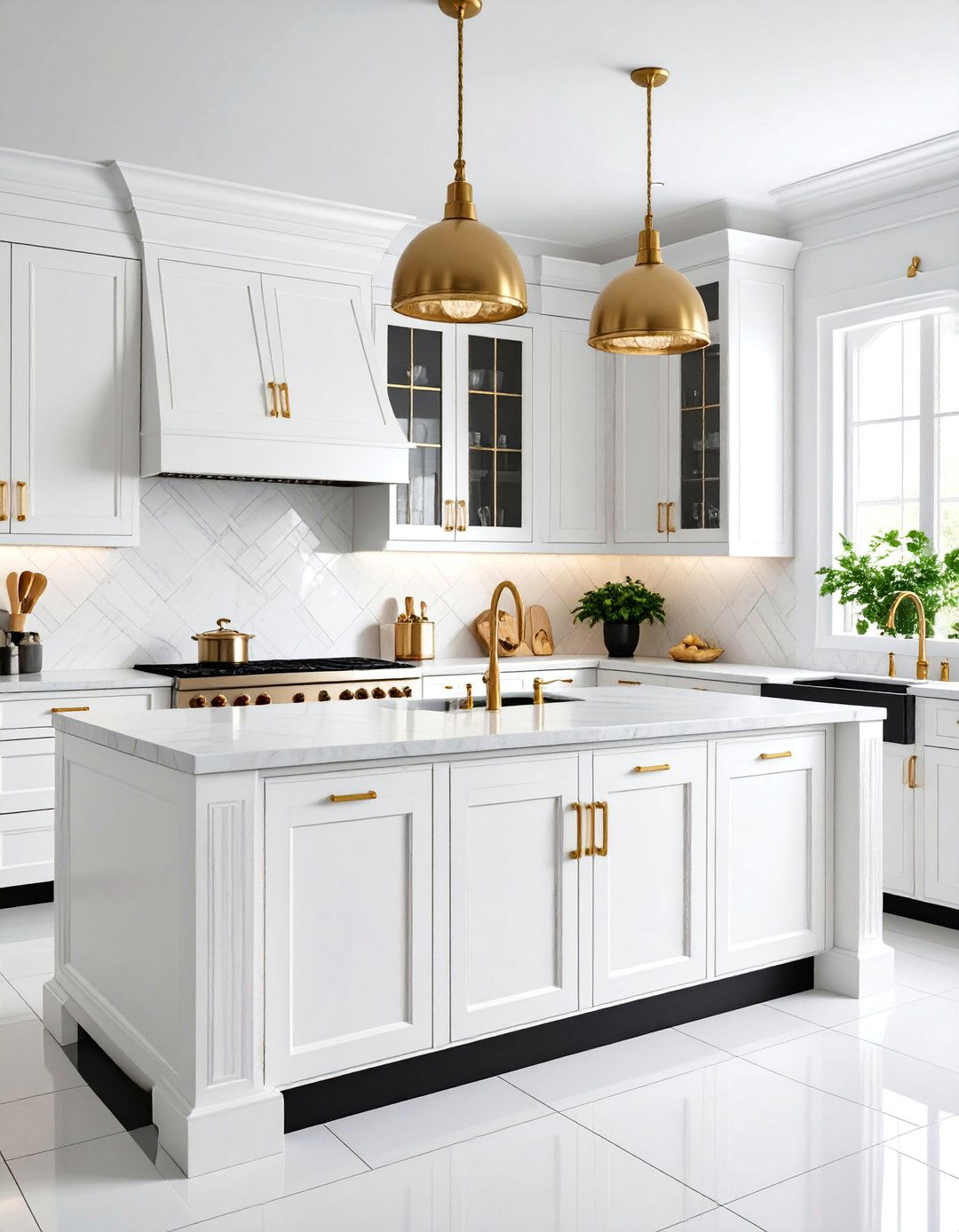 Art Deco White Cabinets with Geometric Brass Hardware - 25 White Kitchen Cabinets With Gold Hardwar