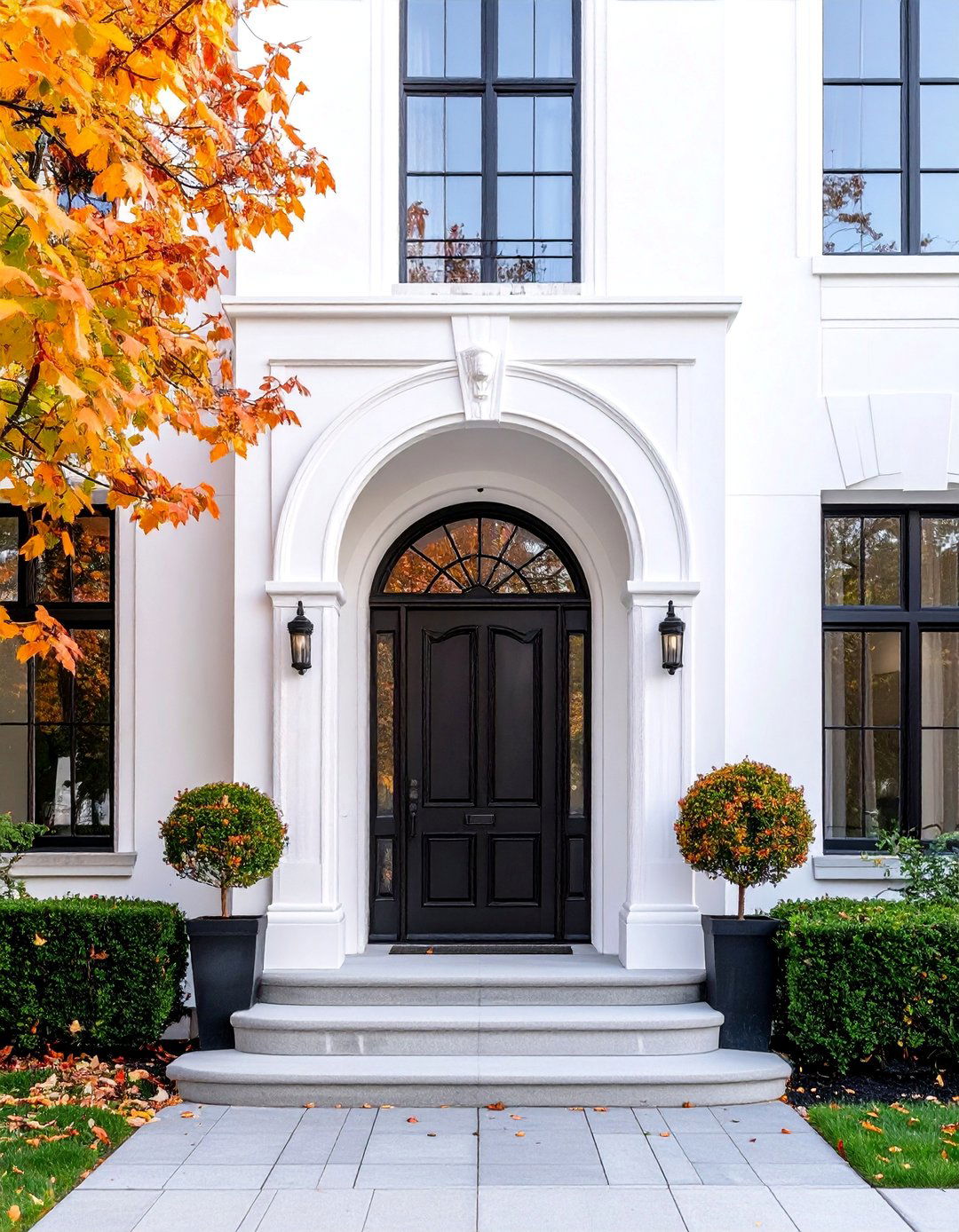 Art Deco White House with Geometric Black Door - 25 White House Ideas With Black Doors