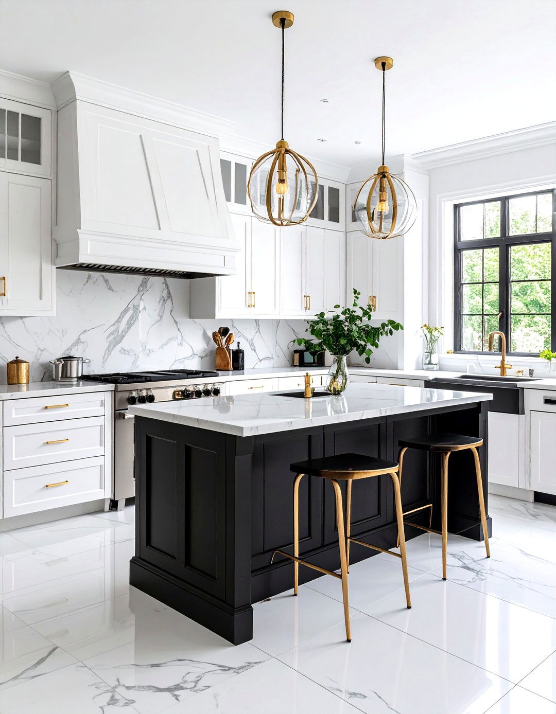 Art Deco White Kitchen with Black Island and Metallic Details - 25 white kitchen ideas with black island