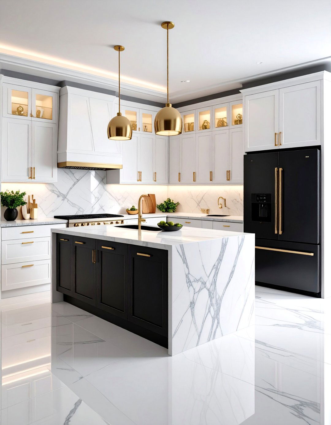 Art Deco White Kitchen with Streamlined Black Appliances - 25 White Kitchen with Black Appliances Ideas