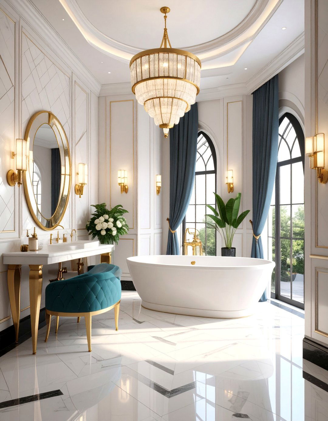 Art Deco White Tile Bathroom with Geometric Patterns