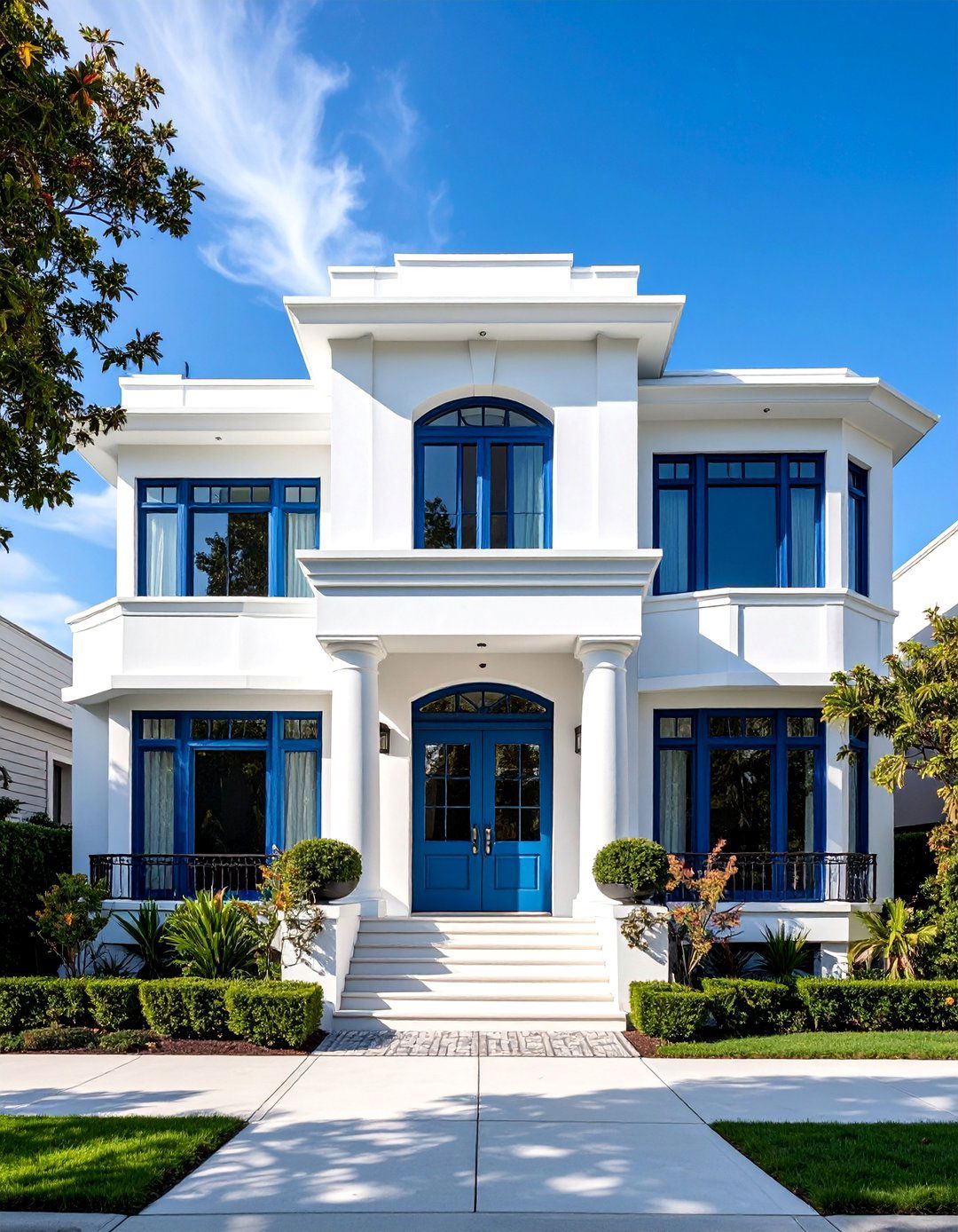 Art Deco with White Stucco and Geometric Details - 25 White Siding House Designs