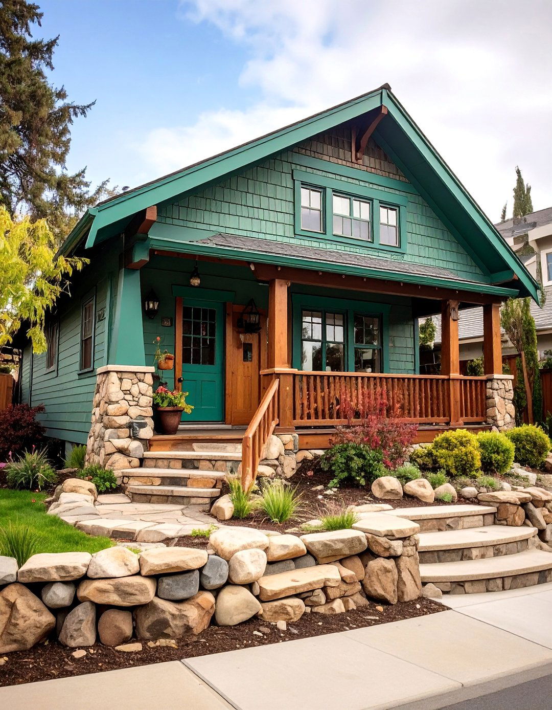 Art and Crafts Bungalow with Emerald Green Trim - 25 Dark Green Exterior Ideas