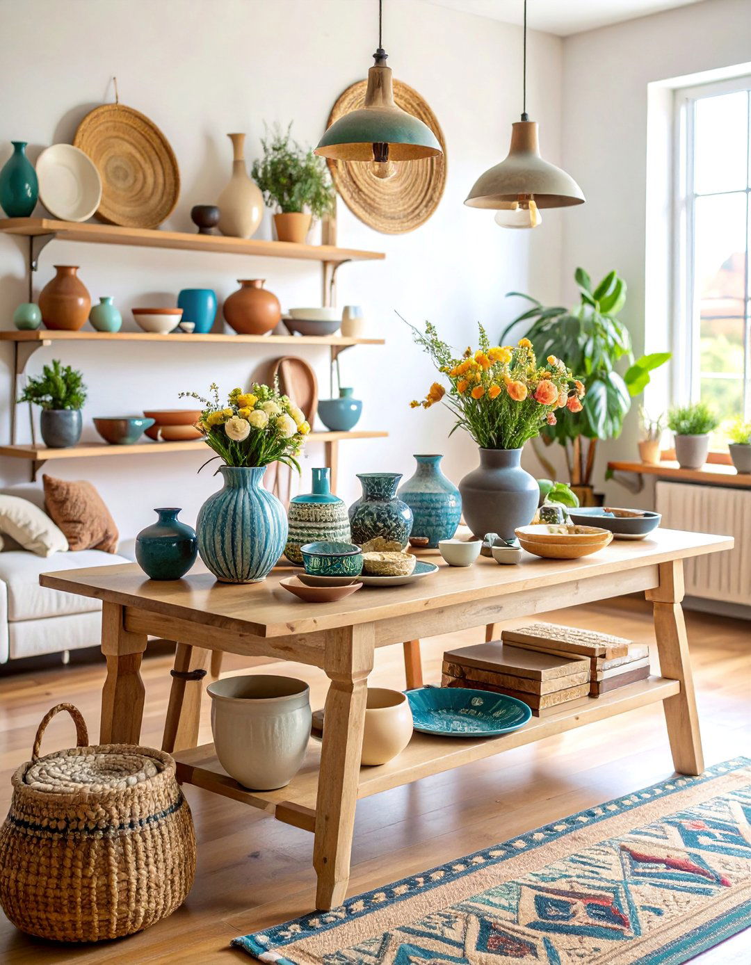 Artisan Craftsman Console with Handmade Pottery and Textiles - 25 Sofa Table Decor Ideas