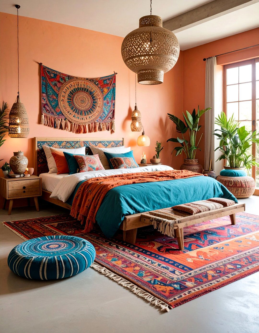 Artistic Bohemian with Hand Painted Designs - 25 Concrete Floor Bedroom Ideas