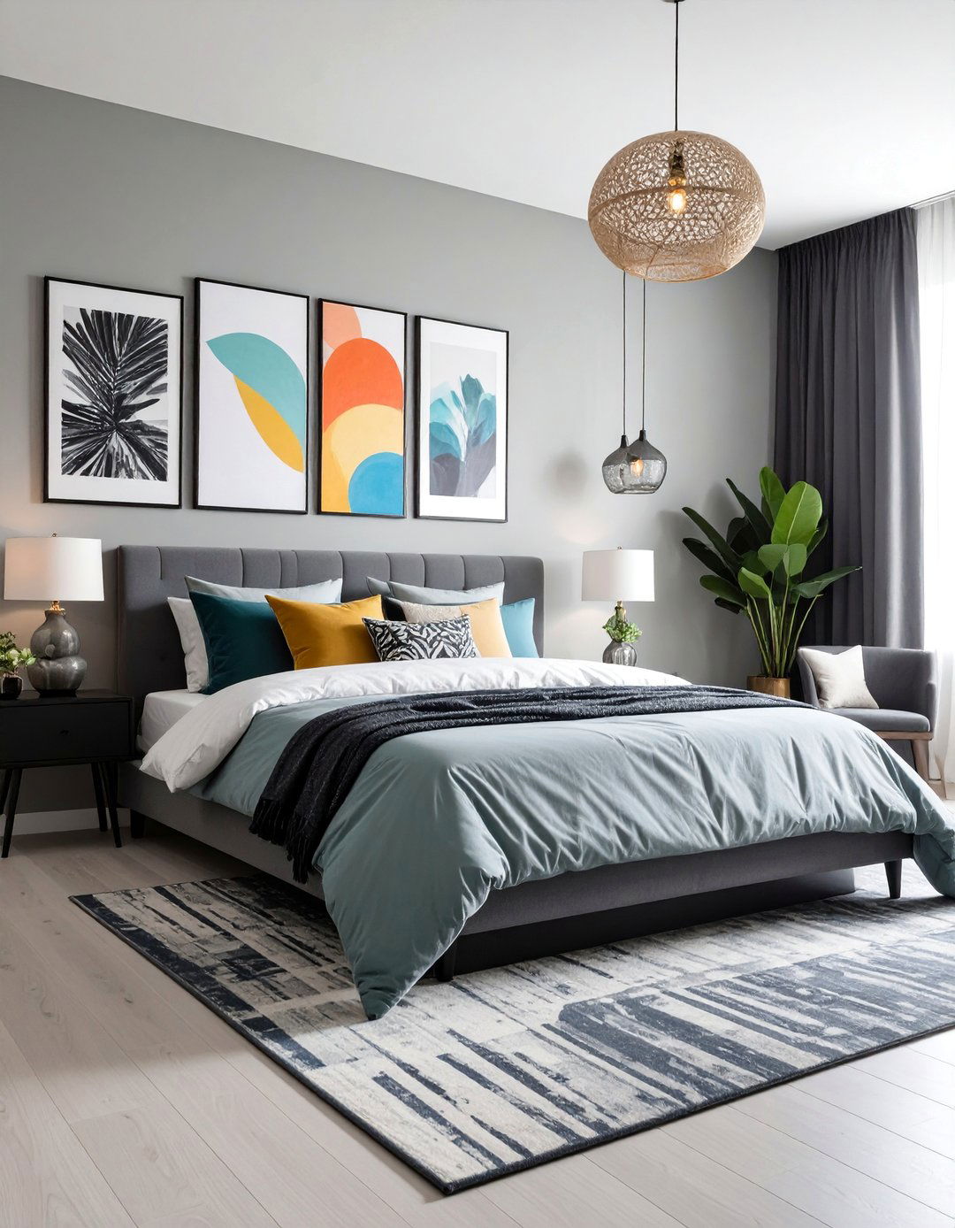 Artistic Grey and White Bedroom with Gallery Wall - 25 Grey and White Bedroom Ideas