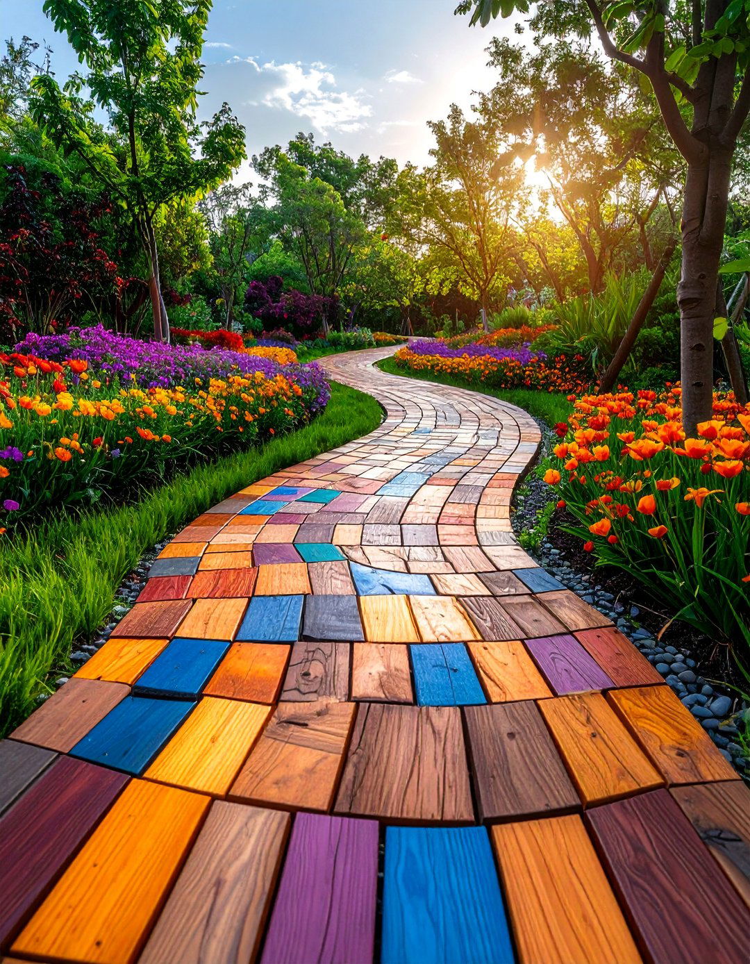 Artistic Mosaic Wooden Pathway - 25 Wooden Walkway Ideas