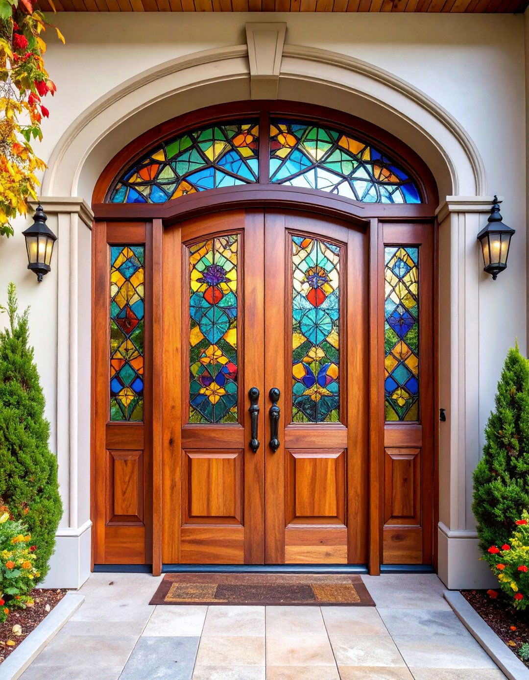 Artistic Stained Glass Mahogany Door with Custom Panels - 25 Stained Front Door Ideas