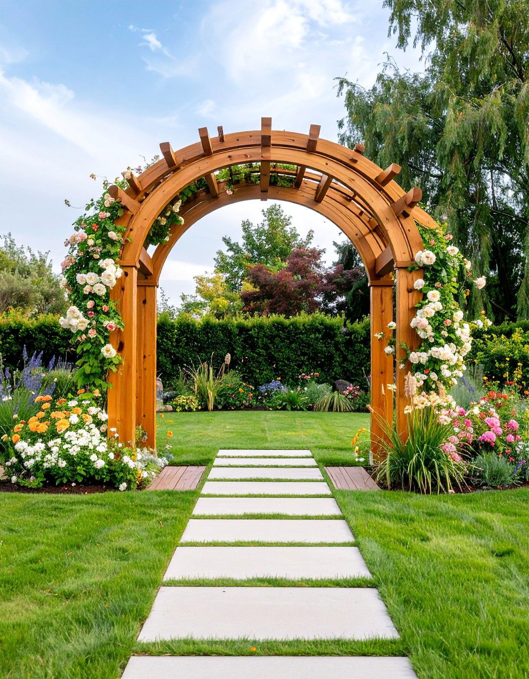 Arts and Crafts Style Wooden Arch with Mission Details - 25 Garden Arch Ideas
