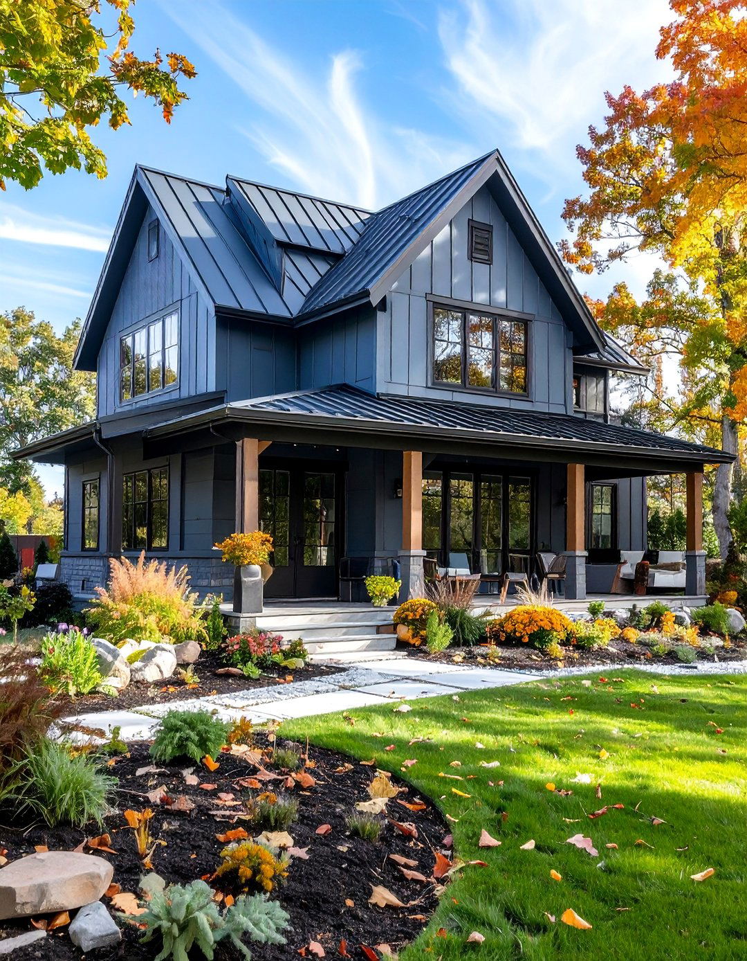 Ash Grey Modern Farmhouse with Black Barn Elements - 25 Grey House With Black Trim