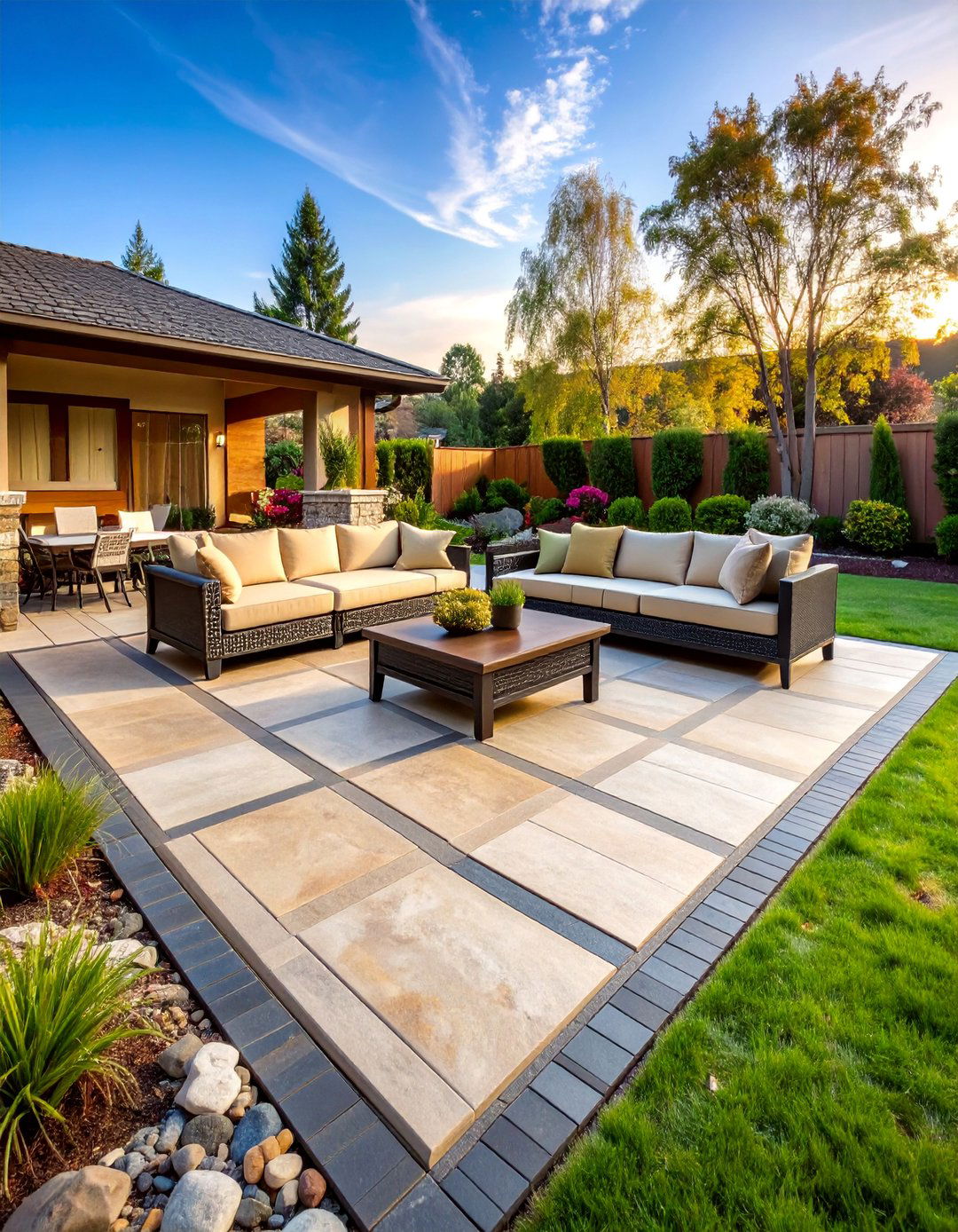 Ashlar Slate Patio with Earth Tone Borders - 25 Stamped Concrete Patio Ideas