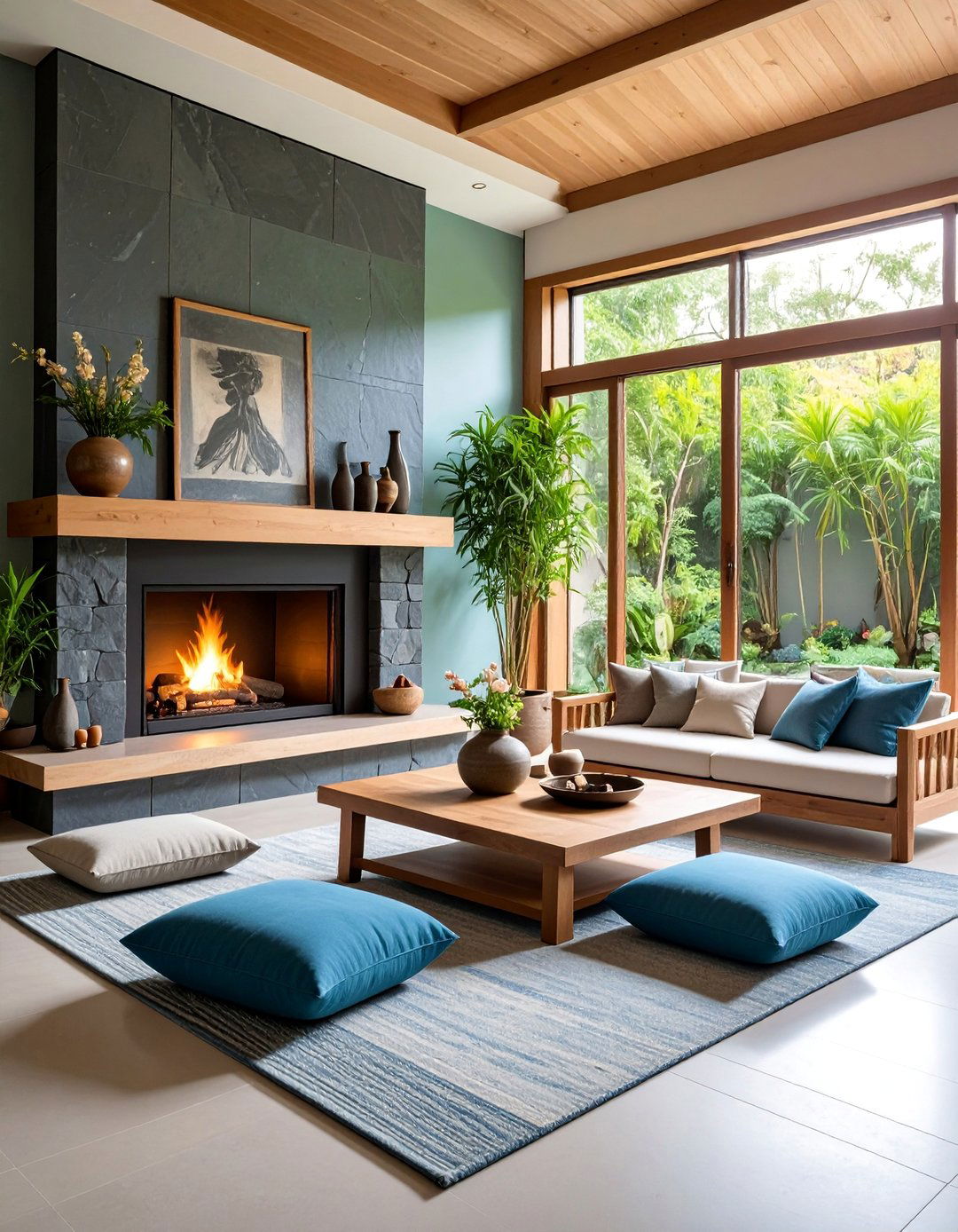Asian Inspired Fireplace with Natural Stone Elements - 25 Small Living Room Fireplace Ideas
