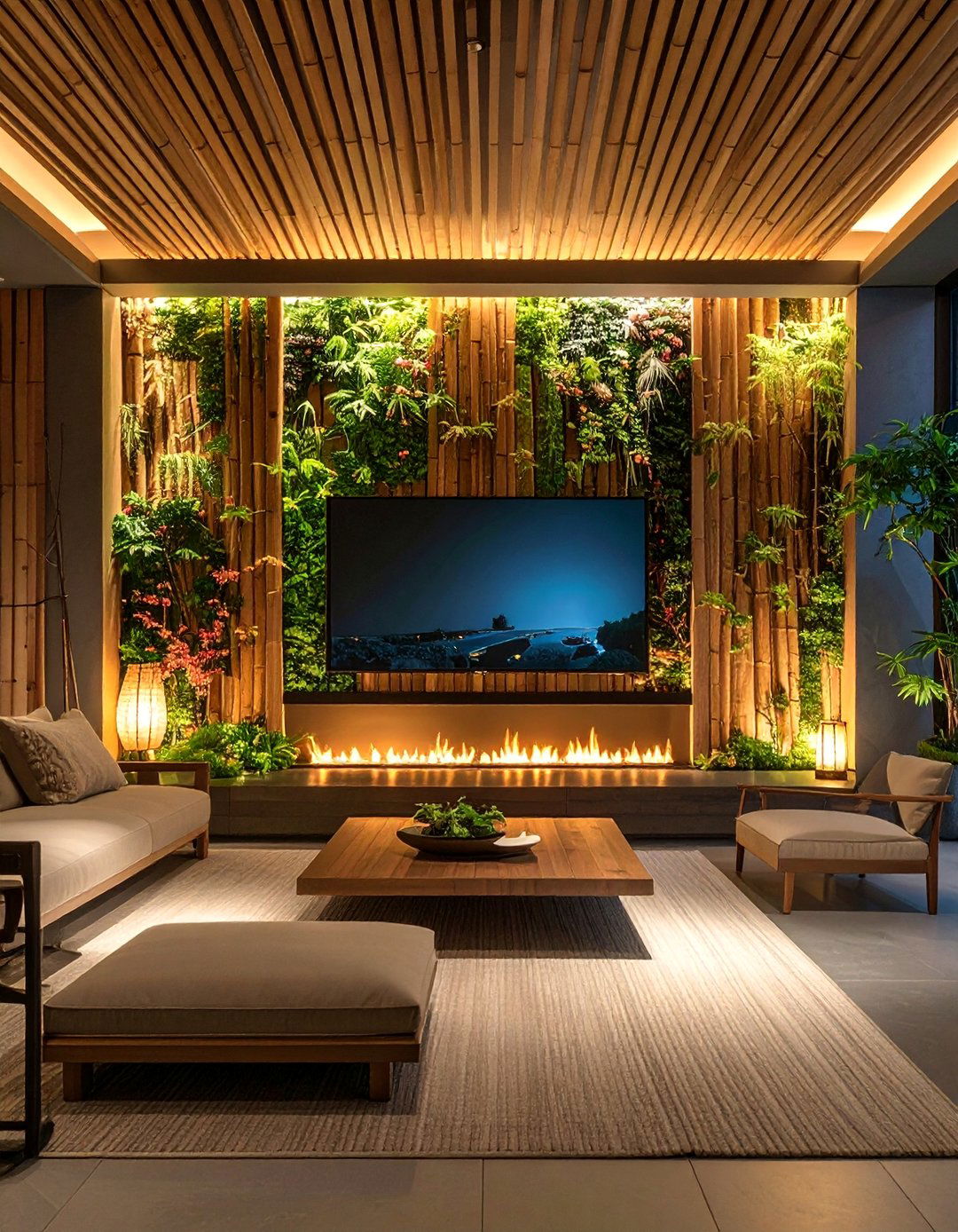 Asian Inspired Linear Fireplace with Zen TV Garden Wall - 25 Linear Fireplace Ideas With Tv Above