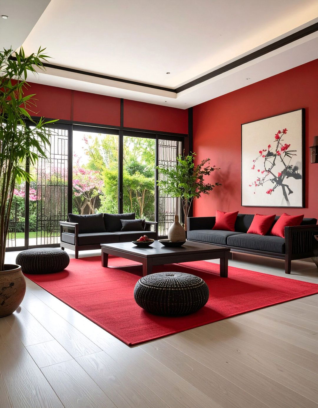 Asian Inspired Living Room with Black Lacquer and Red Silk - 25 Black and Red Living Room Ideas